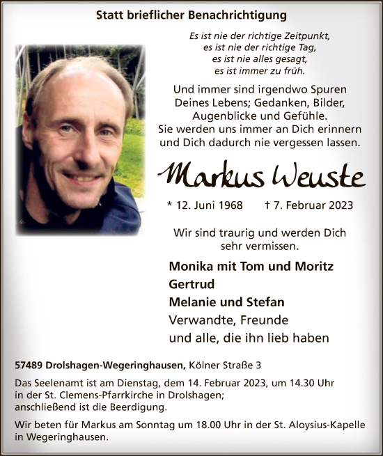 Traueranzeige von Markus Weuste von WA