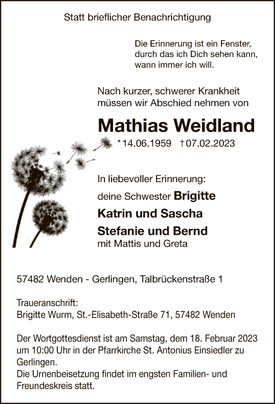 Traueranzeige von Mathias Weidland von WA