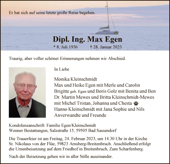 Traueranzeige von Max Egen von WA