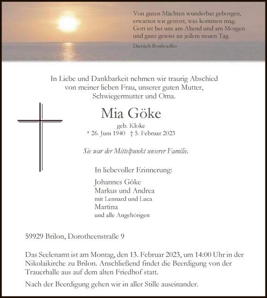 Traueranzeige von Mia Göke von WA