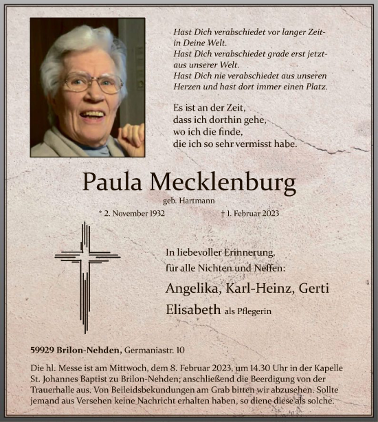 Traueranzeige von Paula Mecklenburg von WA
