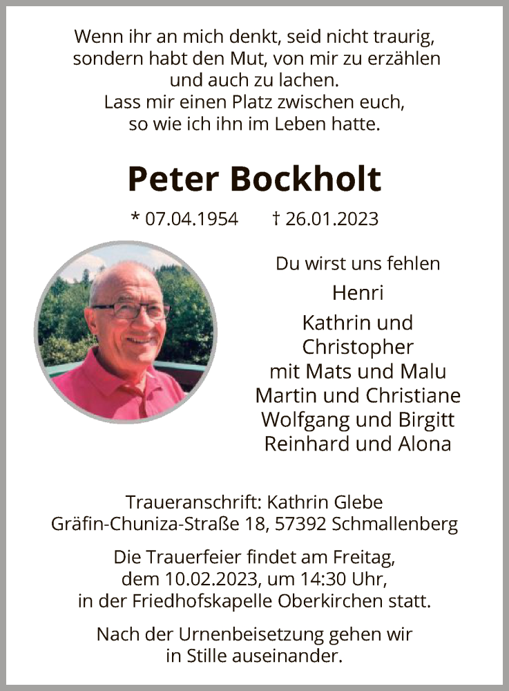  Traueranzeige für Peter Bockholt vom 04.02.2023 aus WA