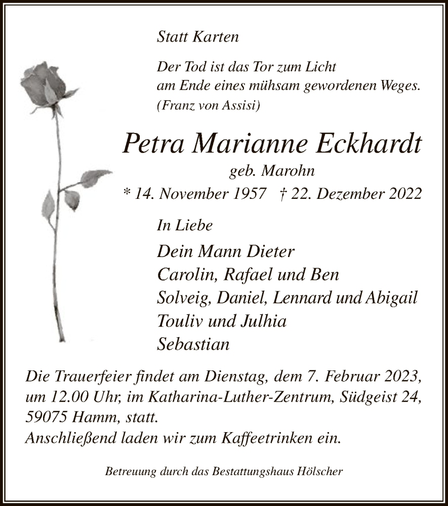  Traueranzeige für Petra Marianne Eckhardt vom 04.02.2023 aus WA