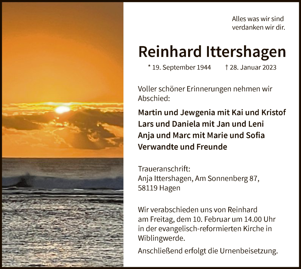  Traueranzeige für Reinhard Ittershagen vom 04.02.2023 aus WA