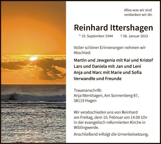 Traueranzeige von Reinhard Ittershagen von WA