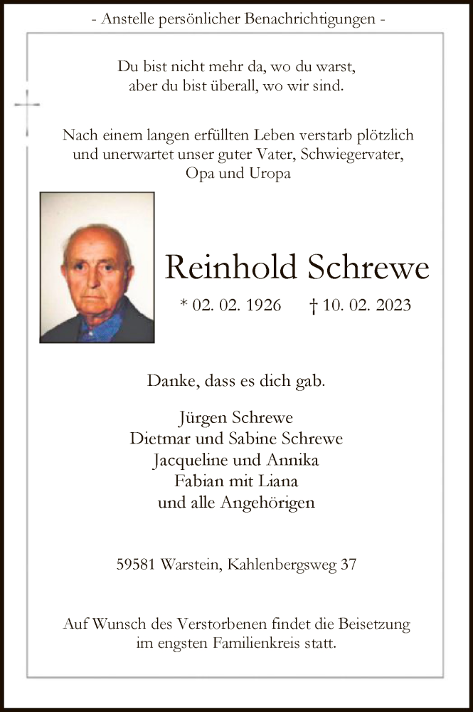  Traueranzeige für Reinhold Schrewe vom 15.02.2023 aus WA