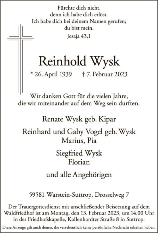 Traueranzeige von Reinhold Wysk von WA