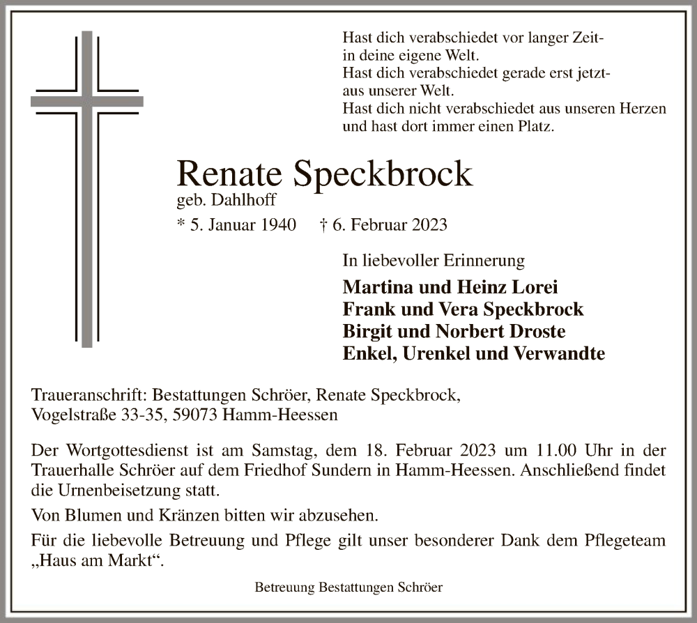  Traueranzeige für Renate Speckbrock vom 11.02.2023 aus WA