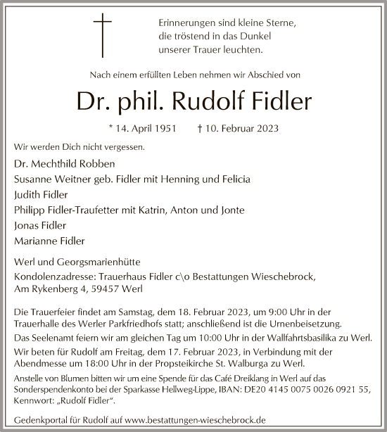 Traueranzeige von Rudolf Fidler von WA
