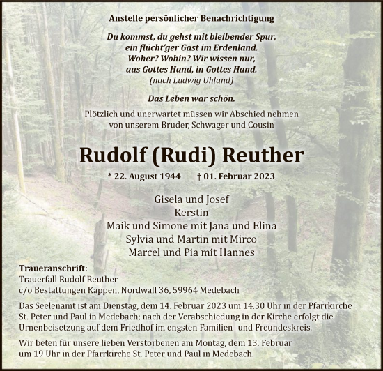 Traueranzeige von Rudolf Reuther von WA