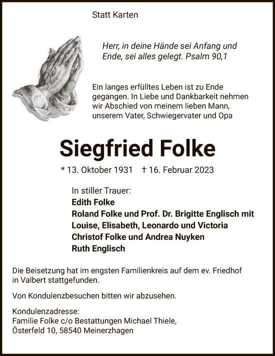 Traueranzeige von Siegfried Folke von WA