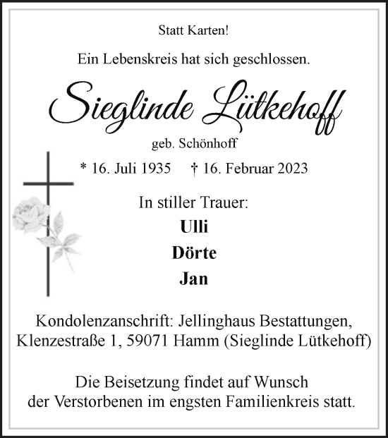 Traueranzeige von Sieglinde Lütkehoff von WA