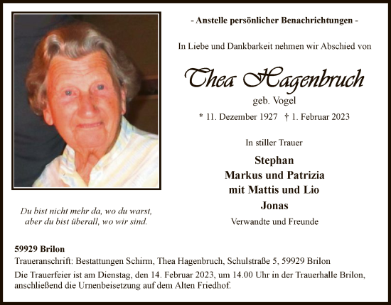 Traueranzeige von Thea Hagenbruch von WA