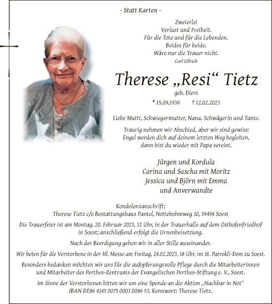 Traueranzeige von Therese Tietz von WA
