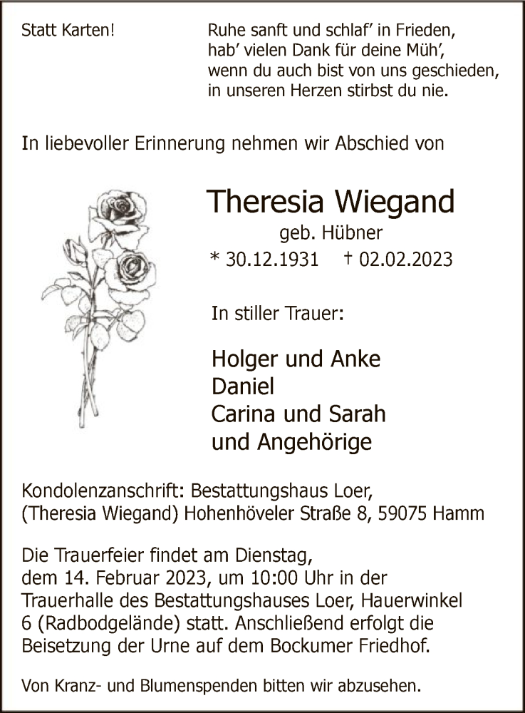  Traueranzeige für Theresia Wiegand vom 11.02.2023 aus WA