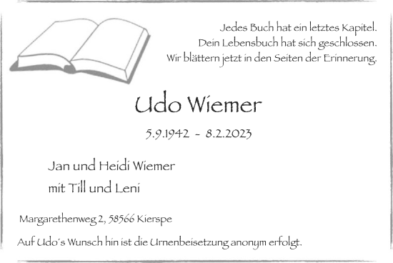 Traueranzeige von Udo Wiemer von WA