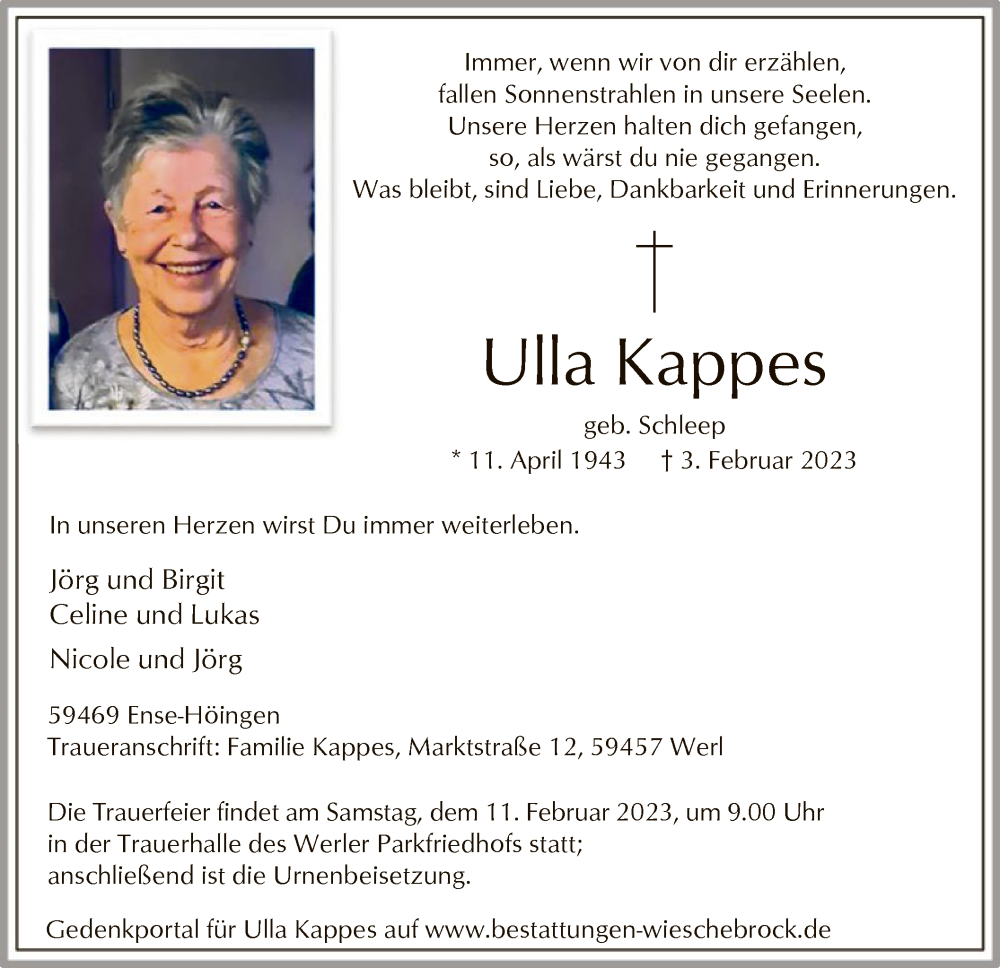  Traueranzeige für Ulla Kappes vom 07.02.2023 aus WA