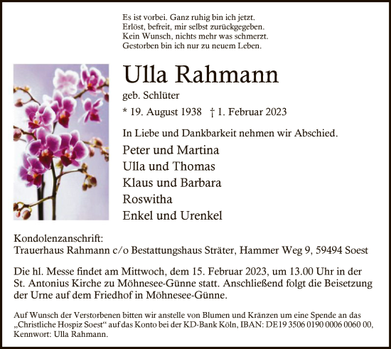 Traueranzeige von Ulla Rahmann von WA