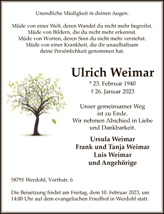 Traueranzeige von Ulrich Weimar von WA