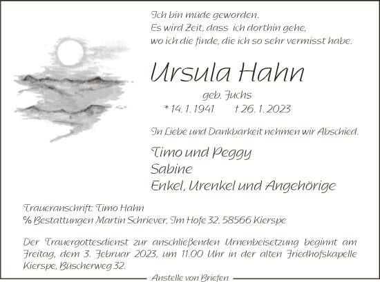 Traueranzeige von Ursula Hahn von WA