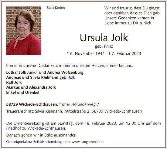 Traueranzeige von Ursula Jolk von WA