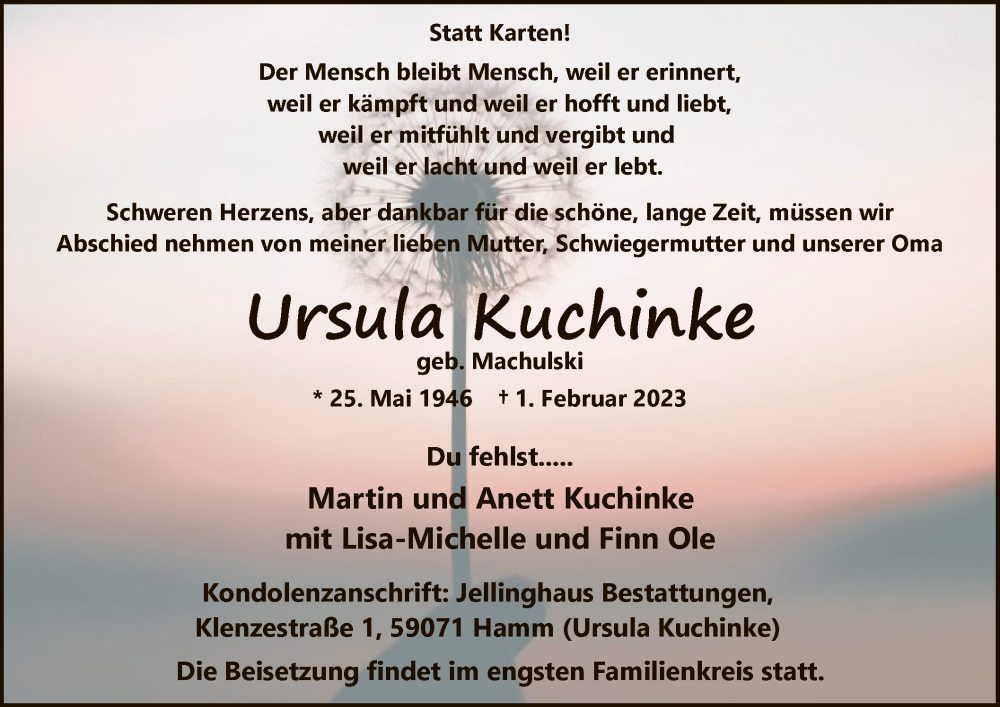  Traueranzeige für Ursula Kuchinke vom 11.02.2023 aus WA