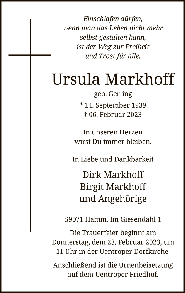  Traueranzeige für Ursula Markhoff vom 16.02.2023 aus WA