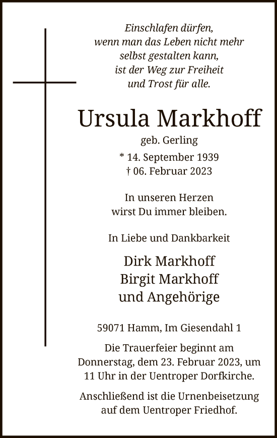 Traueranzeige von Ursula Markhoff von WA