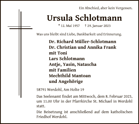 Traueranzeige von Ursula Schlotmann von WA