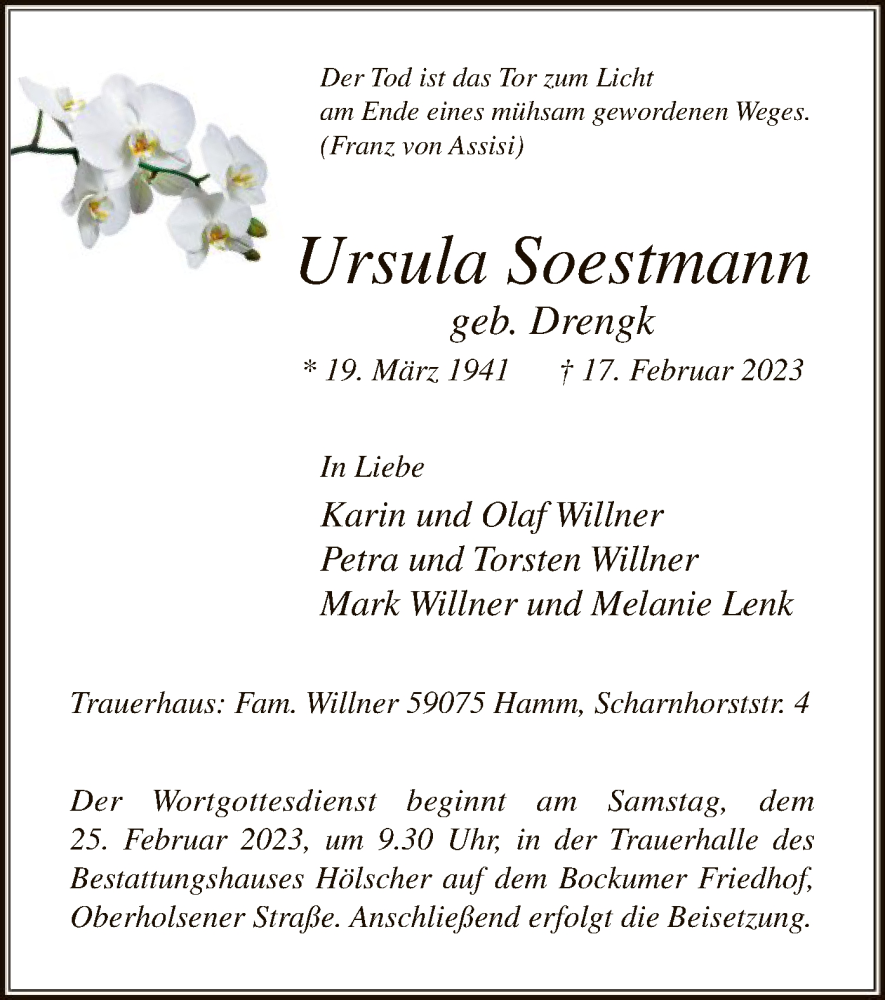  Traueranzeige für Ursula Soestmann vom 22.02.2023 aus WA