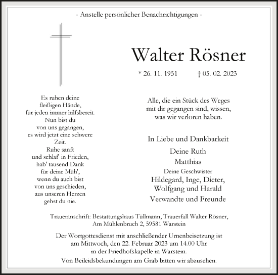 Traueranzeige von Walter Rösner von WA