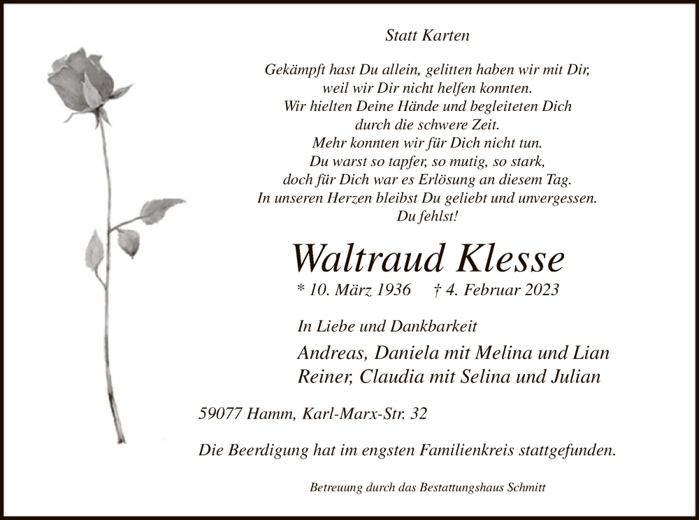  Traueranzeige für Waltraud Klesse vom 11.02.2023 aus WA