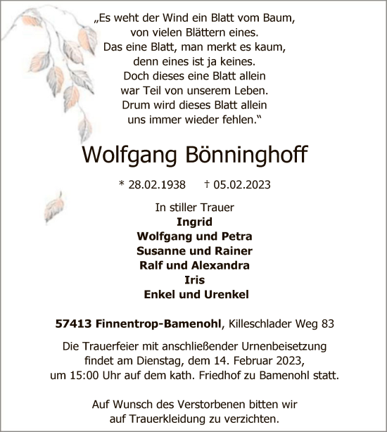 Traueranzeige von Wolfgang Bönninghoff von WA