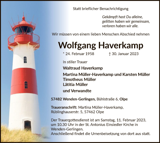 Traueranzeige von Wolfgang Haverkamp von WA