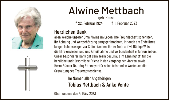 Traueranzeige von Alwine Mettbach von WA