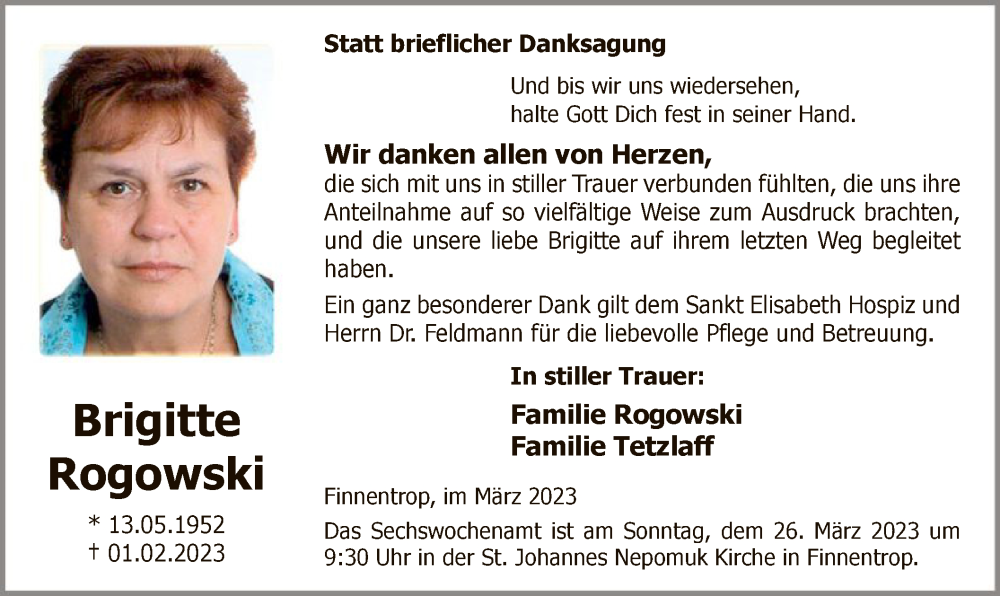  Traueranzeige für Brigitte Rogowski vom 18.03.2023 aus WA