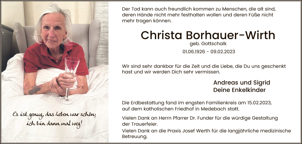  Traueranzeige für Christa Borhauer-Wirth vom 04.03.2023 aus WA