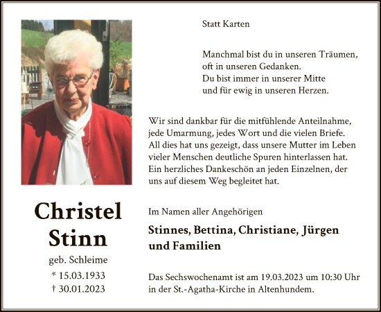 Traueranzeige von Christel Stinn von WA