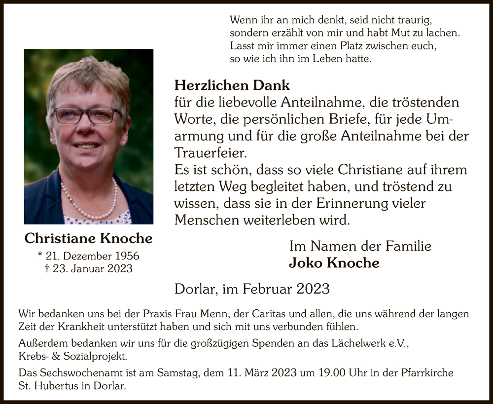  Traueranzeige für Christiane Knoche vom 04.03.2023 aus WA