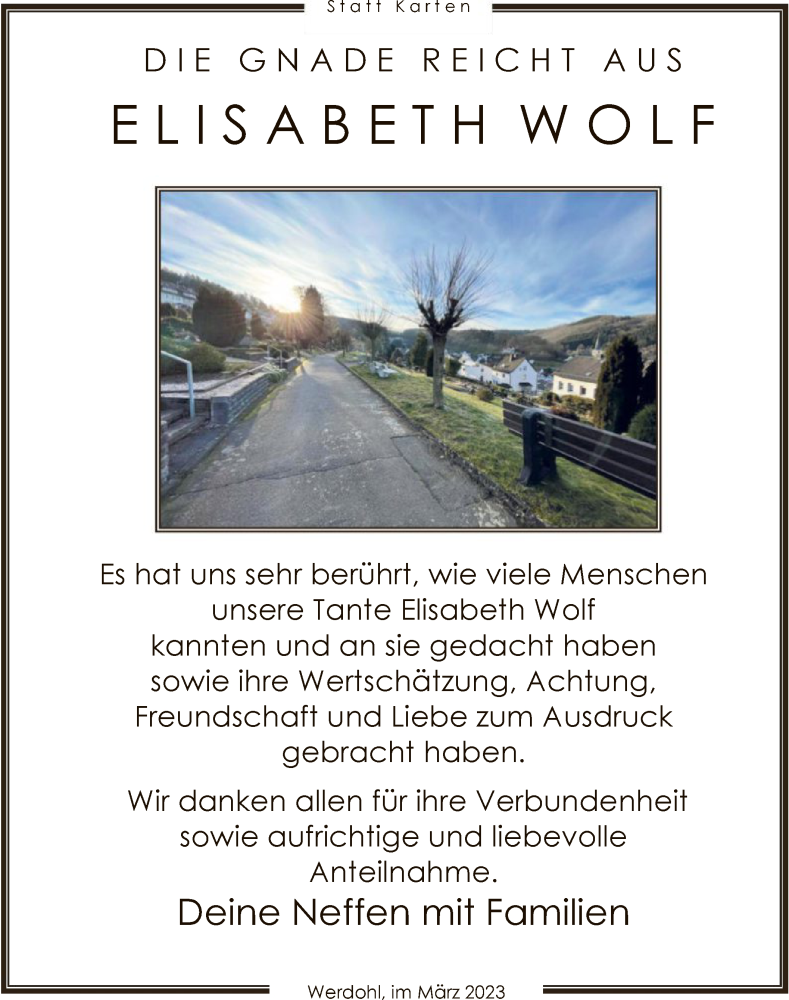  Traueranzeige für Elisabeth Wolf vom 18.03.2023 aus WA