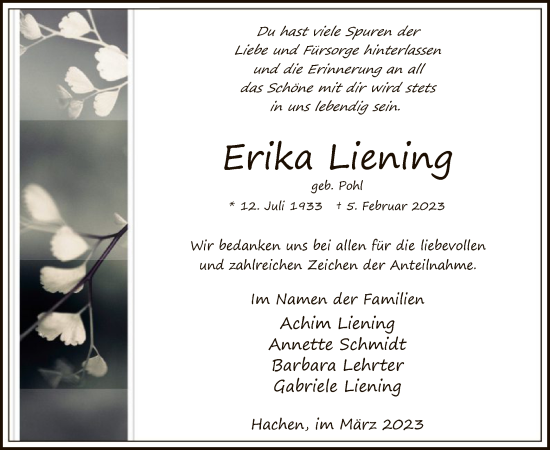 Traueranzeige von Erika Liening von WA