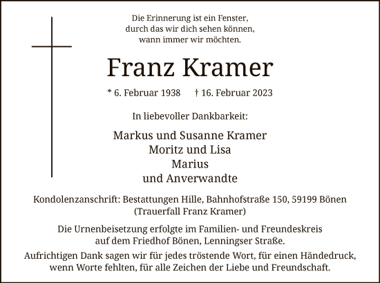 Traueranzeige von Franz Kramer von WA