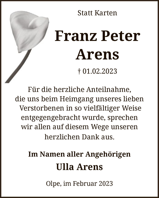 Traueranzeige von Franz Peter Arens von WA