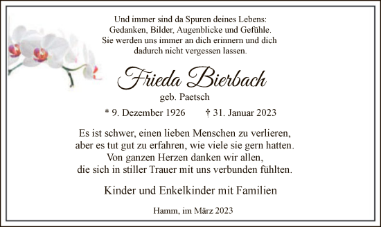 Traueranzeige von Frieda Bierbach von WA