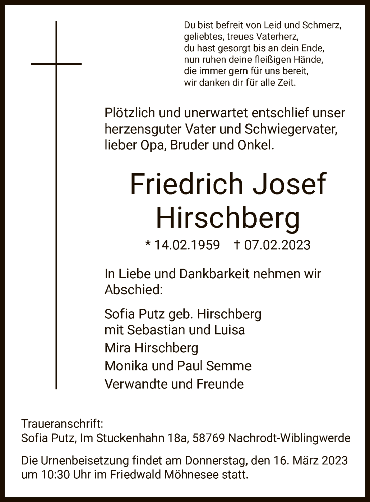  Traueranzeige für Friedrich Josef Hirschberg vom 11.03.2023 aus WA