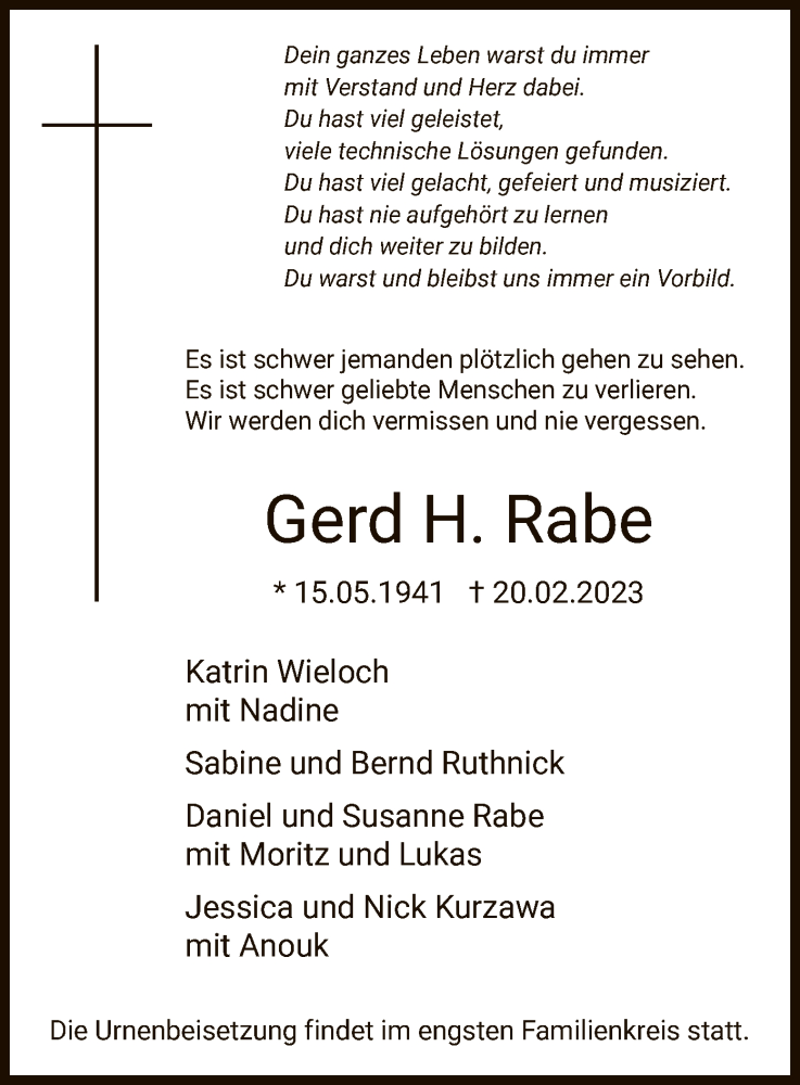  Traueranzeige für Gerd H. Rabe vom 04.03.2023 aus WA