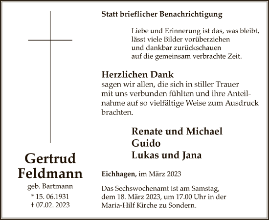 Traueranzeige von Gertrud Feldmann von WA