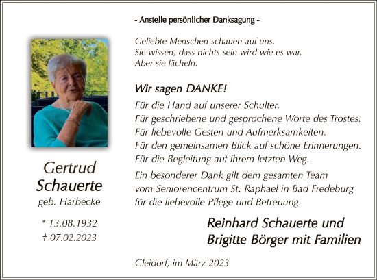 Traueranzeige von Gertrud Schauerte von WA