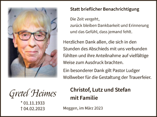 Traueranzeige von Gretel Heimes von WA