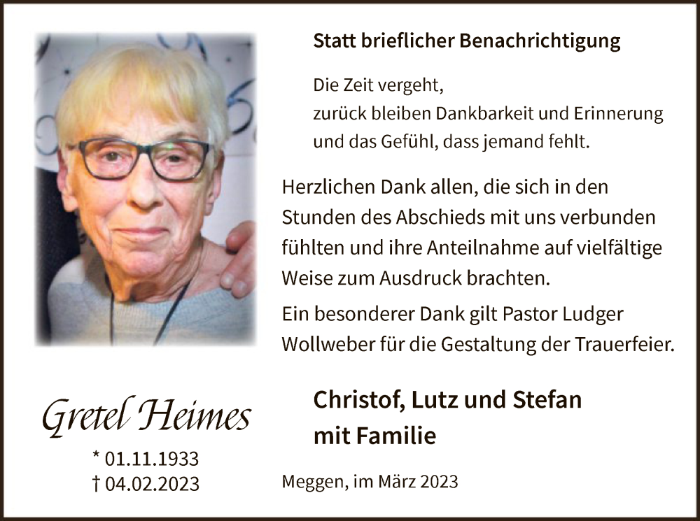  Traueranzeige für Gretel Heimes vom 18.03.2023 aus WA